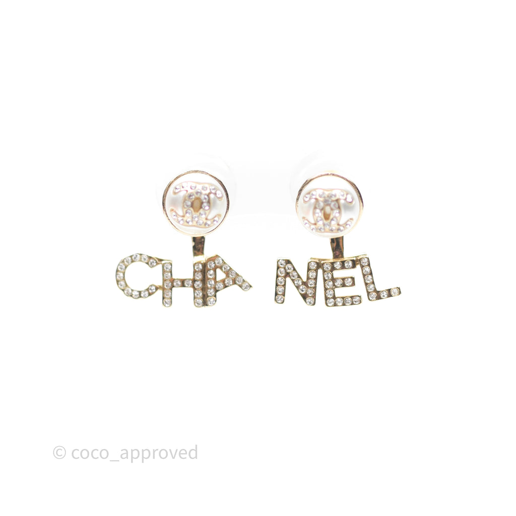 Chanel Pearl Crystal CC CHA-NEL Drop Earrings Gold Tone 22V