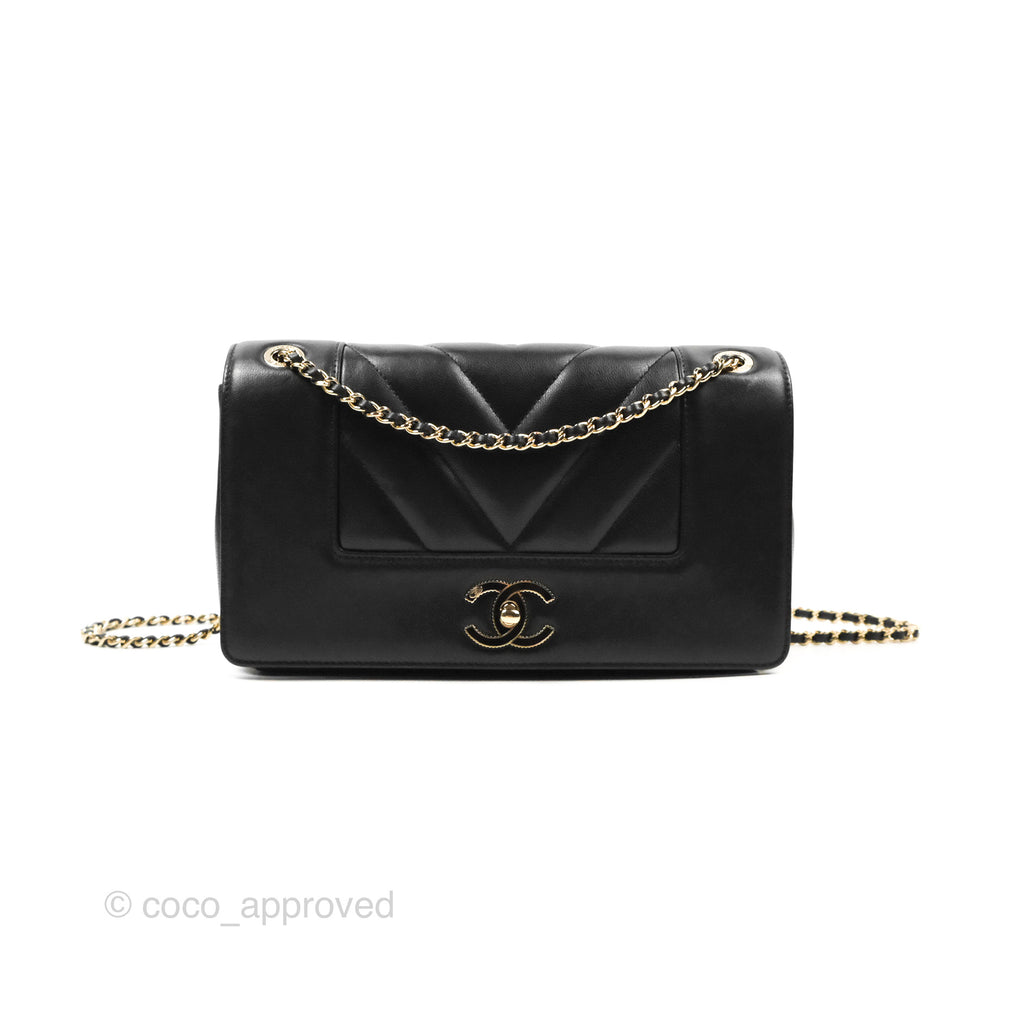 Chanel Chevron Mademoiselle Vintage Flap Bag Black Sheepskin Gold Hardware