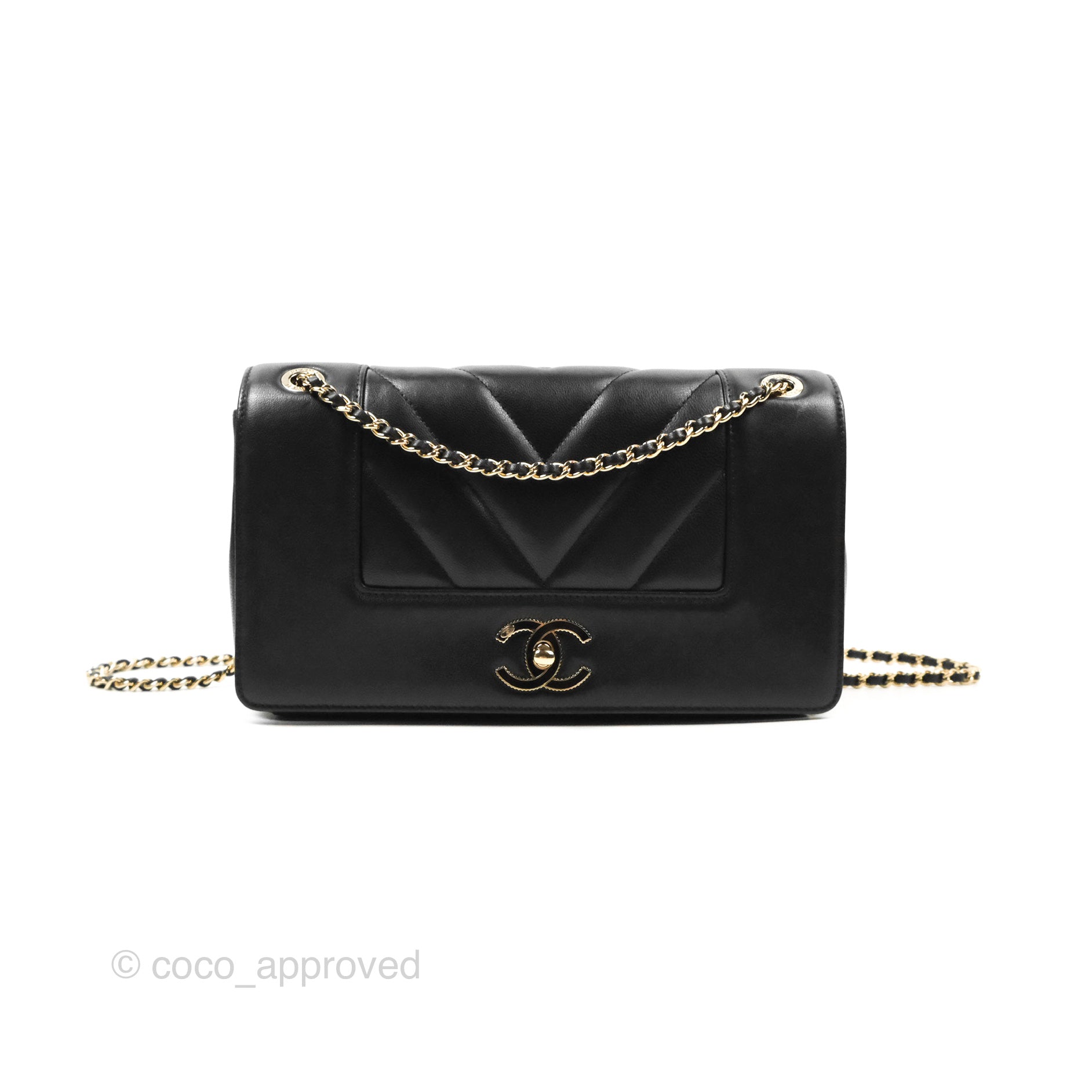 Chanel Chevron Mademoiselle Flap Bag Black Sheepskin Gold Hardware