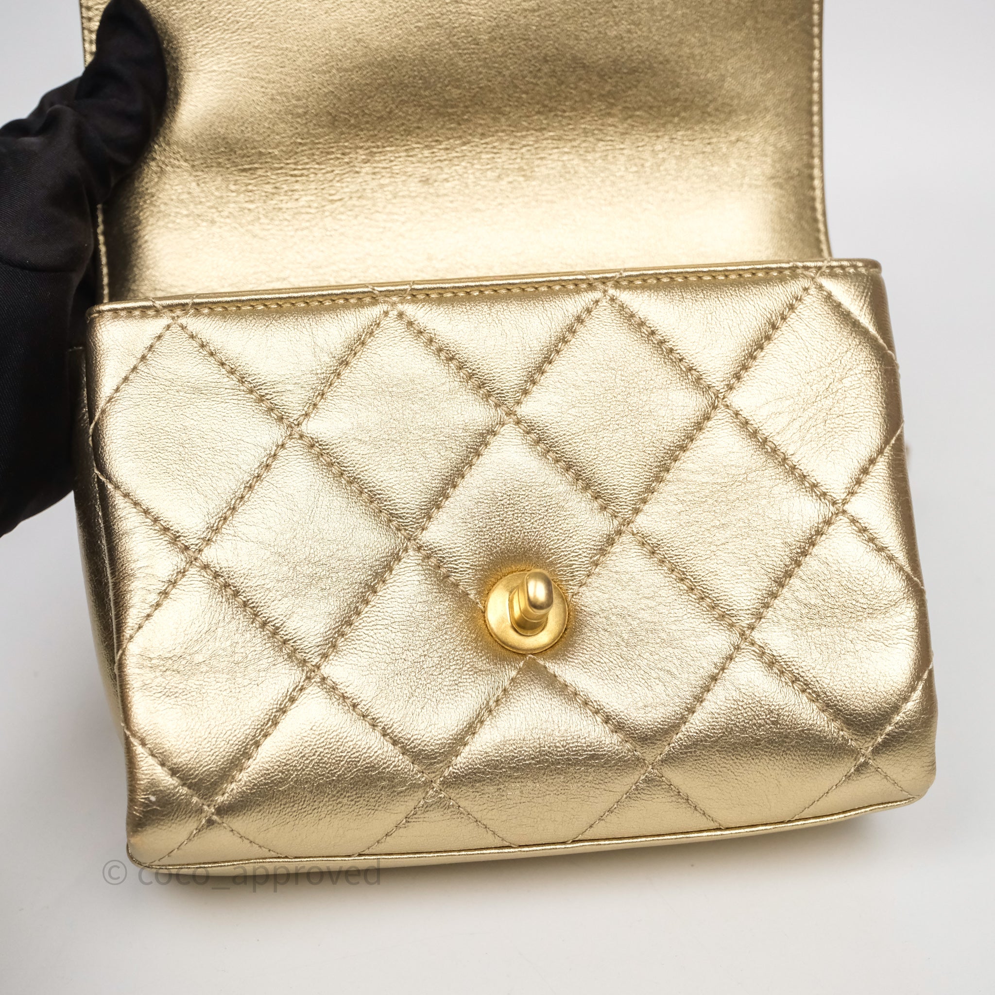 Chanel Mini Crystal Logo Handle Flap Bag Metallic Gold Lambskin