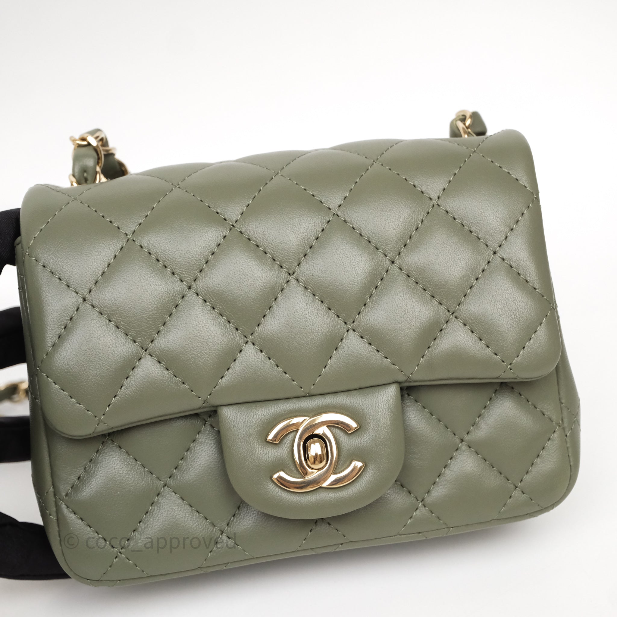 CHANEL エスパドリーユ カーキ 37 Chanel Quilted Mini Square Olive Green Lambskin Gold Hardware