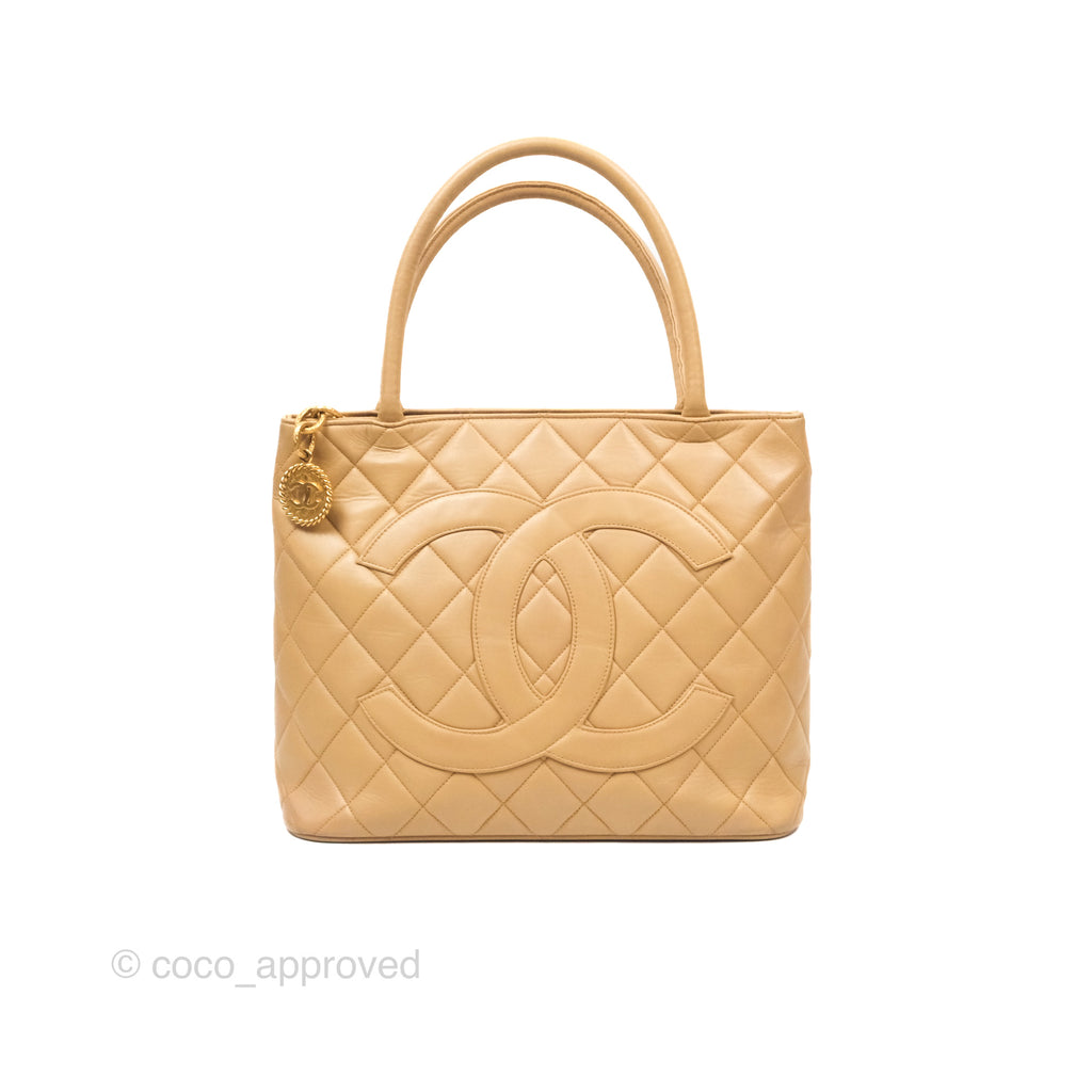 Chanel Vintage Medallion CC Beige Lambskin Tote Bag Gold Hardware