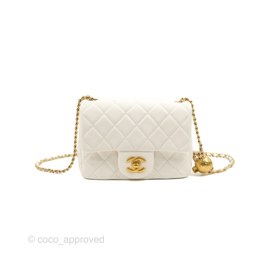 Chanel Mini Square Pearl Crush Quilted White Lambskin Aged Gold