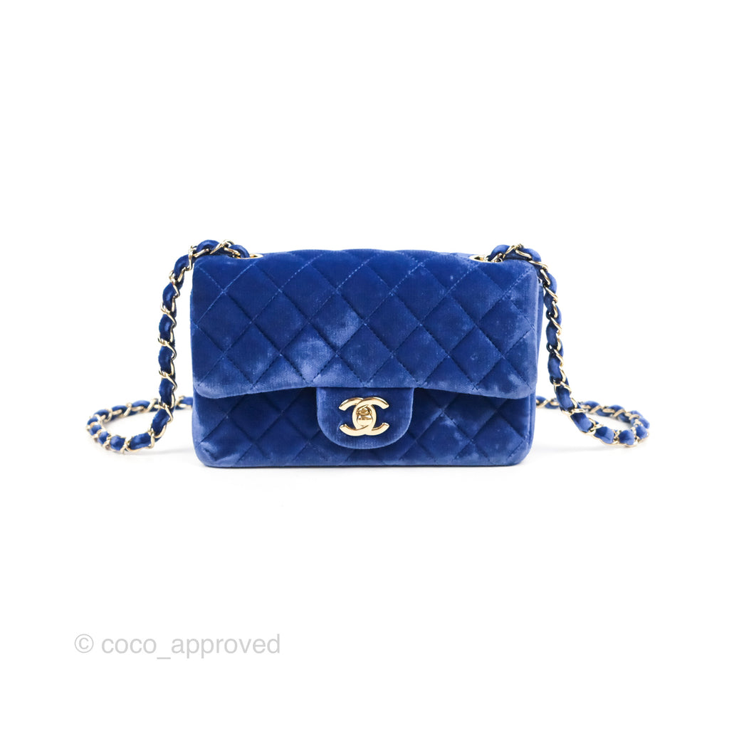 Chanel Quilted Mini Rectangular Flap Blue Velvet Gold Hardware