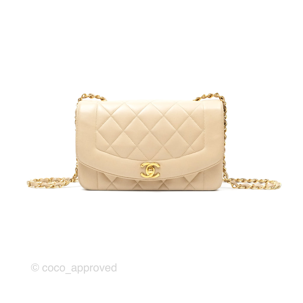 Chanel Vintage Small Quilted Classic Diana Flap Bag Beige Lambskin 24K Gold Hardware