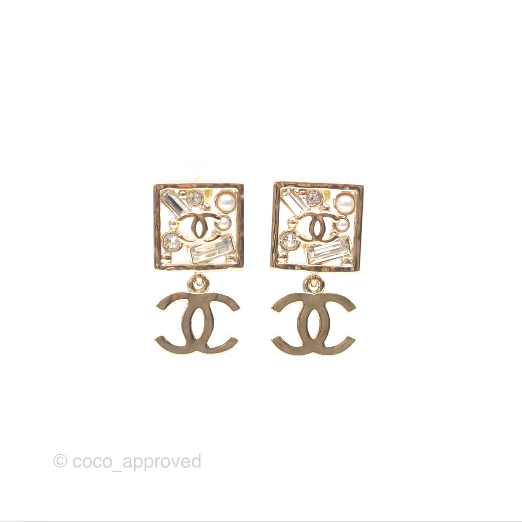 Chanel Square Crystal Pearl CC Drop Earrings Gold Tone 22C