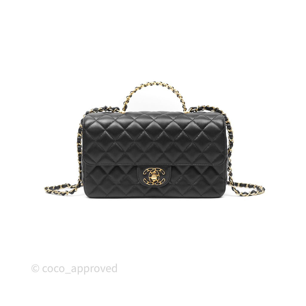 Chanel Logo Top Handle Small Flap Bag Black Lambskin Gold Hardware 24C