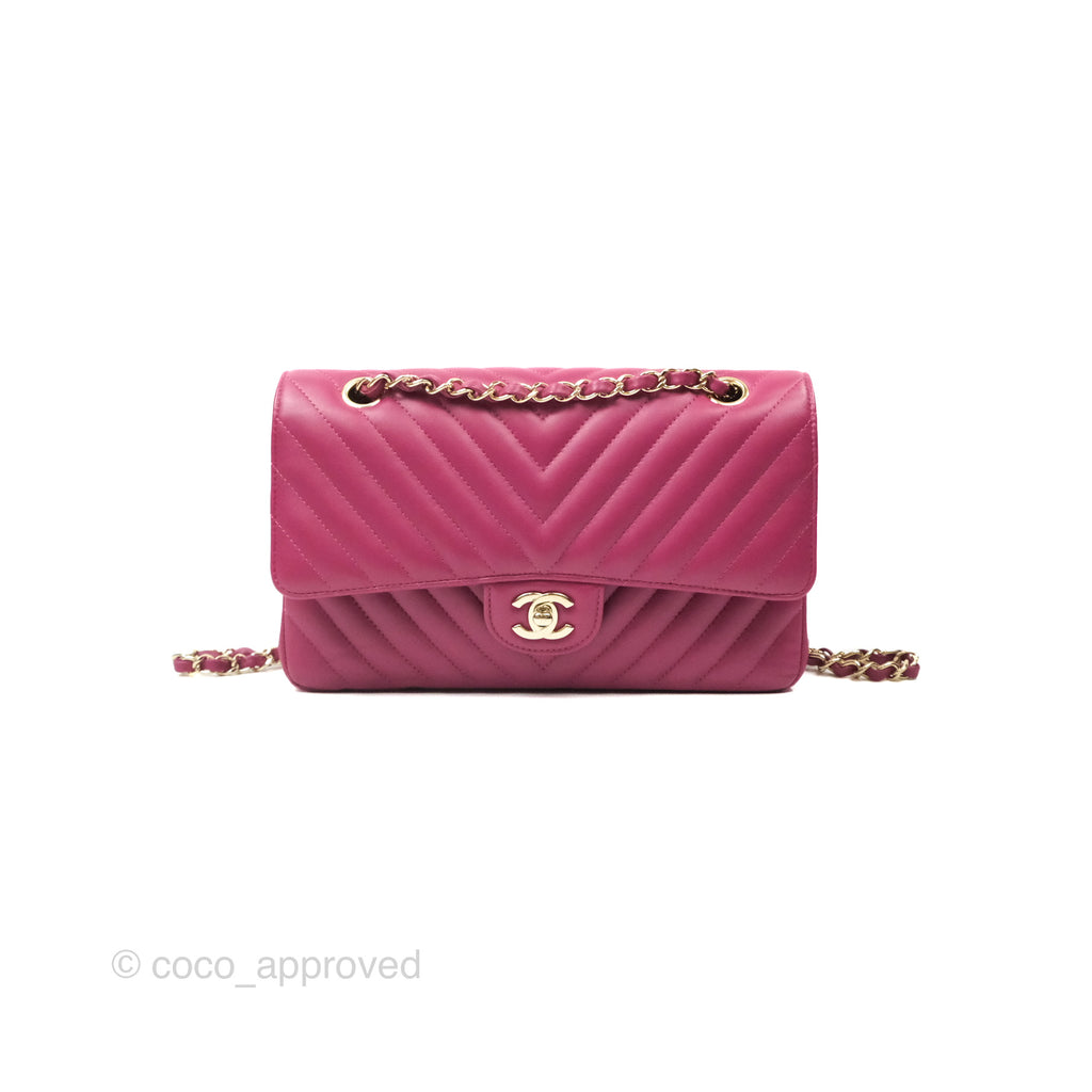 Chanel Medium Classic Flap Chevron Dark Plum Pink Lambskin Gold Hardware