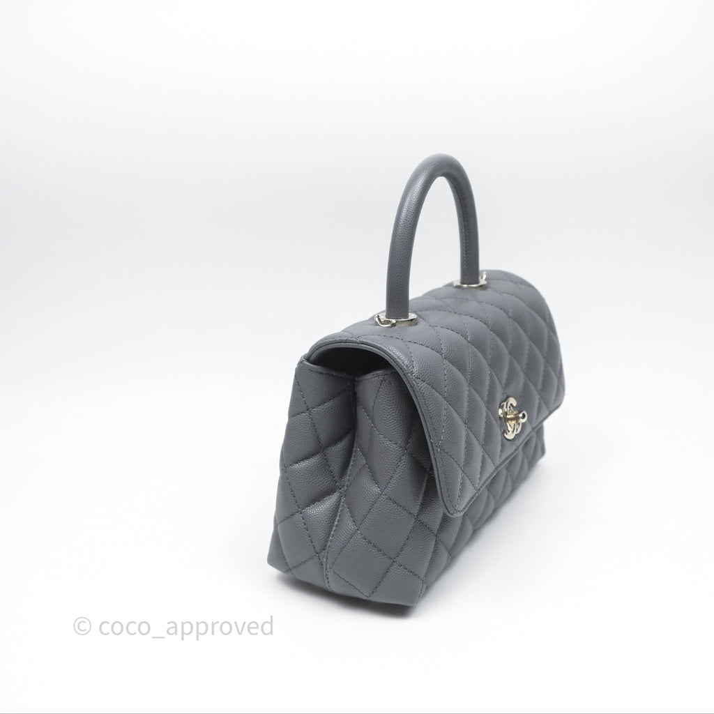 Chanel Small Coco Handle Quilted Grey Caviar Gold Hardware
