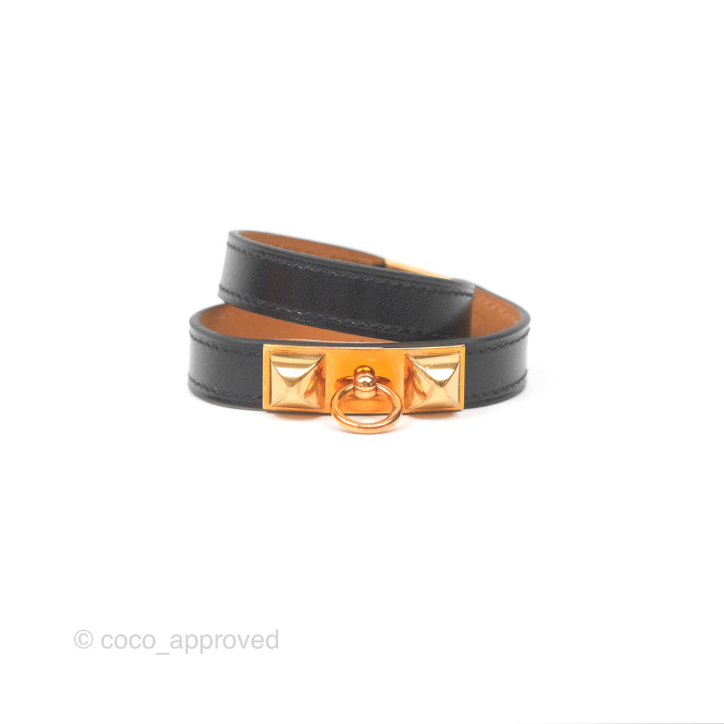 Hermès Rivale Double Tour Bracelet Black Box Leather Gold Hardware