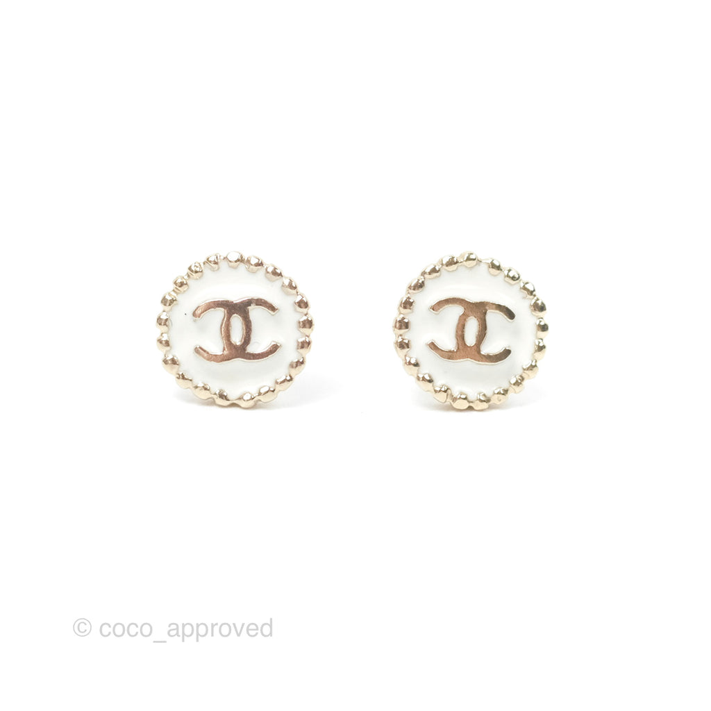 Chanel CC Round White Earrings Gold Tone