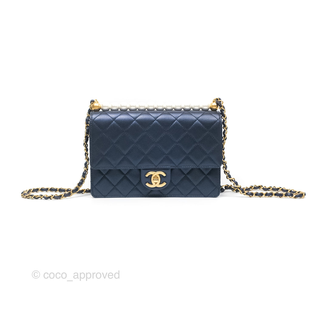 Chanel Small Quilted Chic Pearls Flap Iridescent Navy Goatskin Aged Gold Hardware