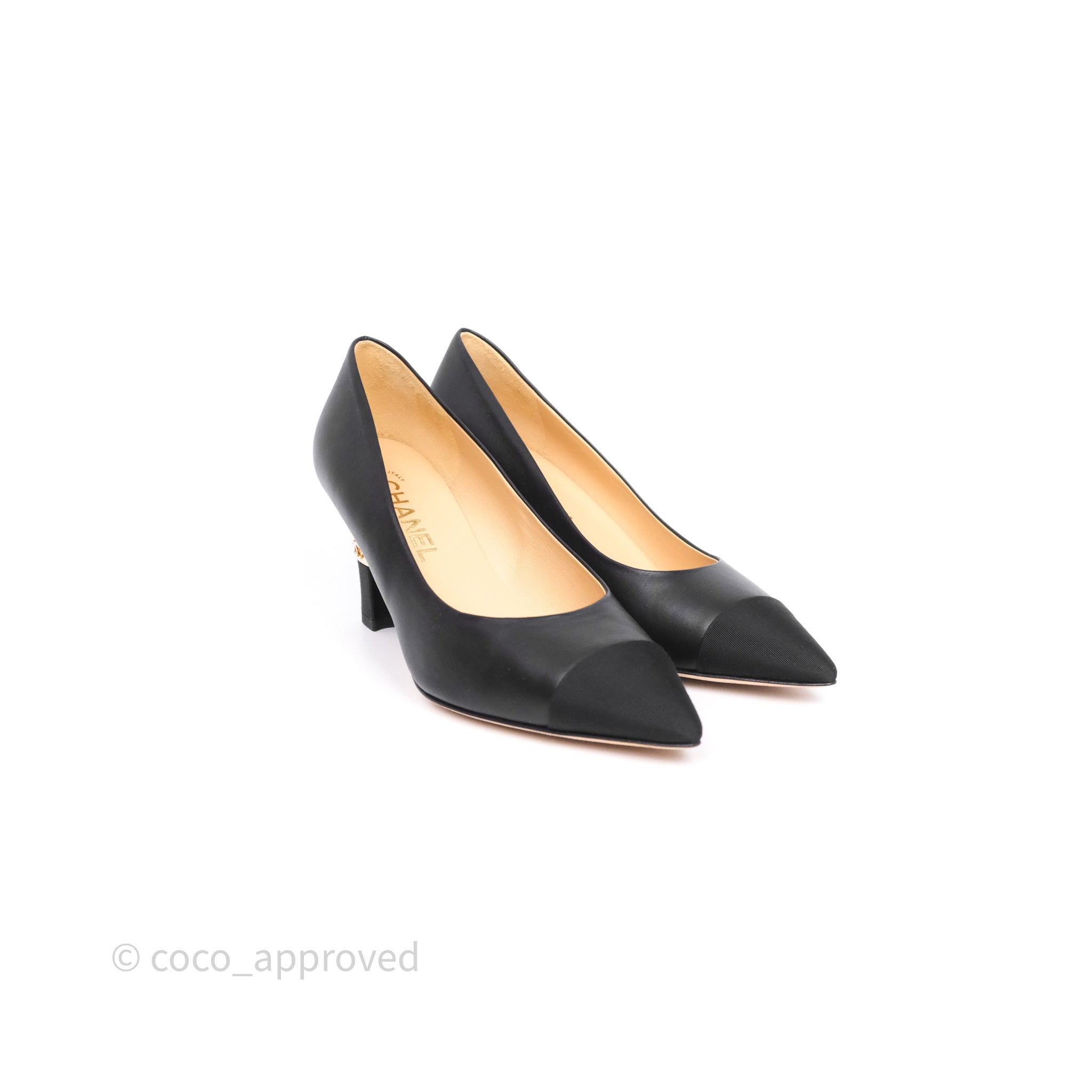 Chanel CC Cap Toe Pumps Heels Black Lambskin Size 38 – Coco
