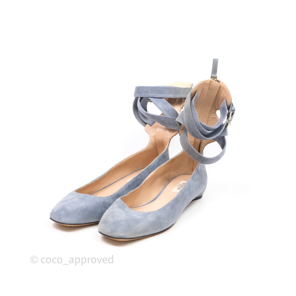 Valentino Garavani Suede Ballet Flats Tango Ankle Wrap Blue Grey Size 38