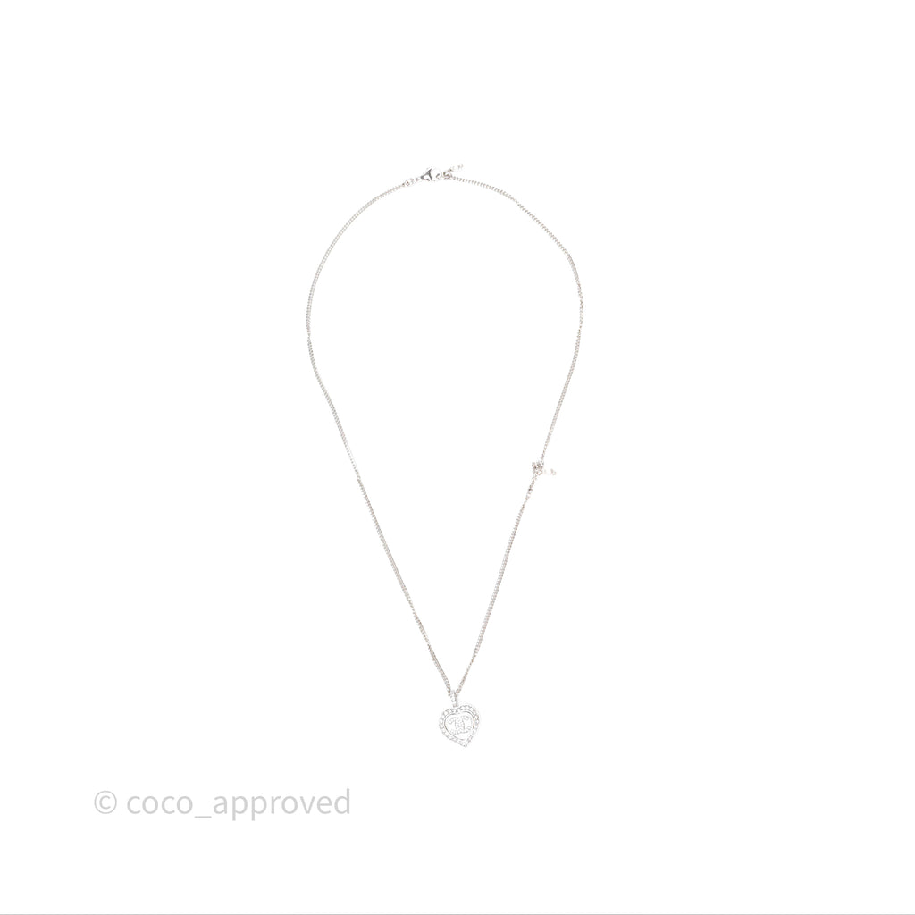 Chanel Pearl Crystal CC Heart Necklace Silver Tone 23B