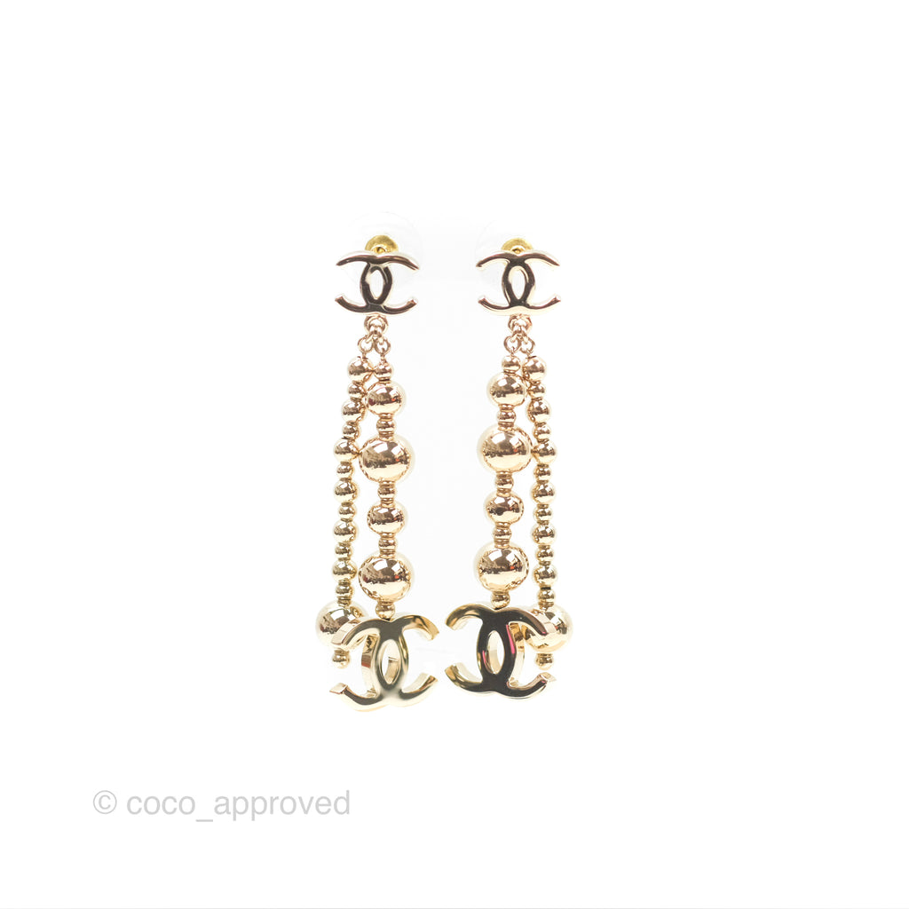 Chanel CC Bead Long Drop Earrings Gold Tone 21S