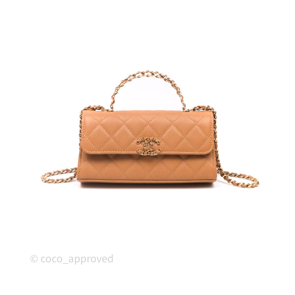 Chanel Kelly Clutch Top Handle Dark Beige Caviar Bag Light Gold hardware