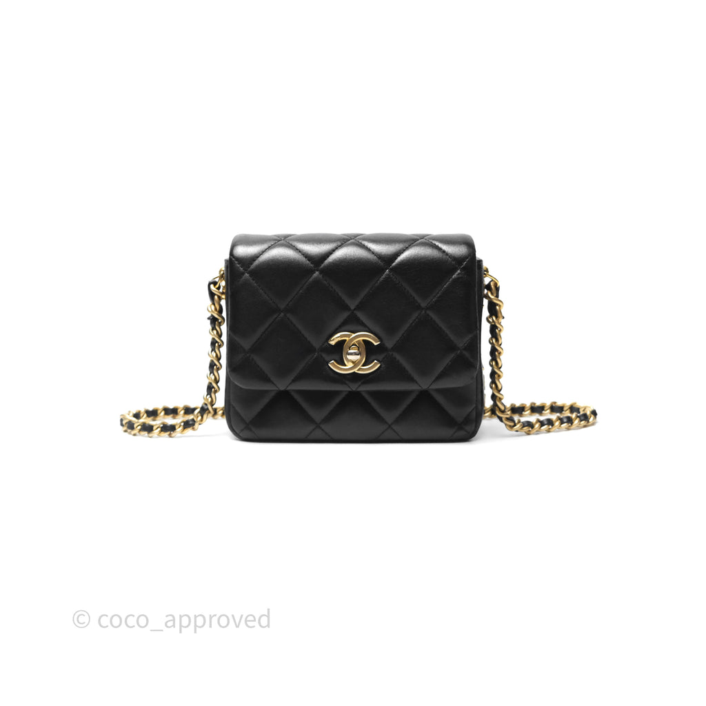 Chanel Logo Mini Square Flap Bag Black Lambskin Aged Gold Hardware 21B