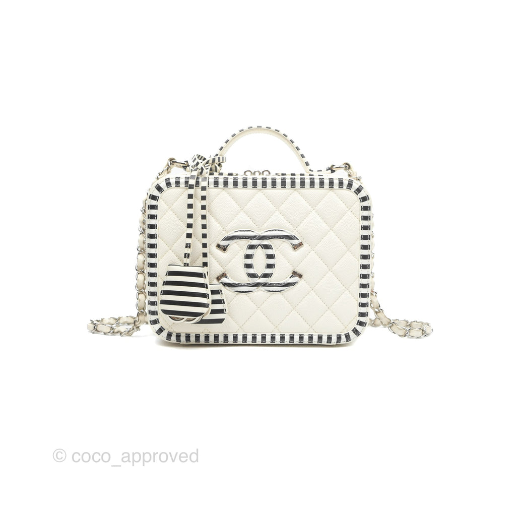 Chanel Quilted Medium CC Filigree Vanity Case White Black Stripe Caviar Silver Hardware