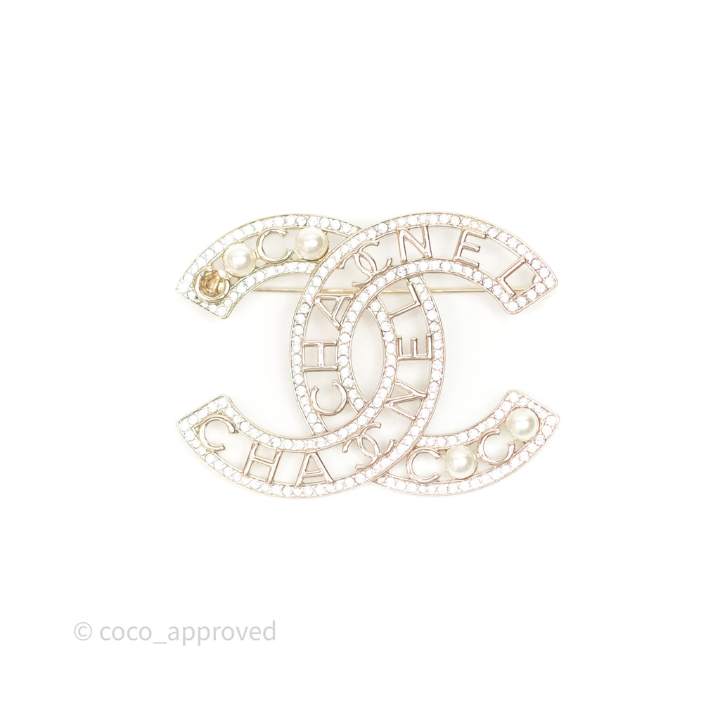 Chanel Coco CC Crystal Pearl Brooch Gold Tone 24V