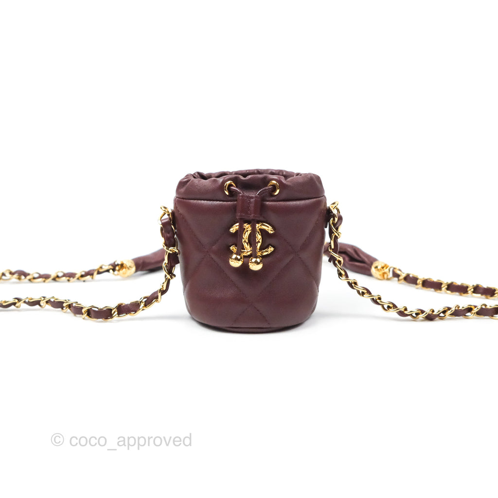 Chanel Mini Bucket Bag with Fluffy Chain Burgundy Lambskin Gold Hardware