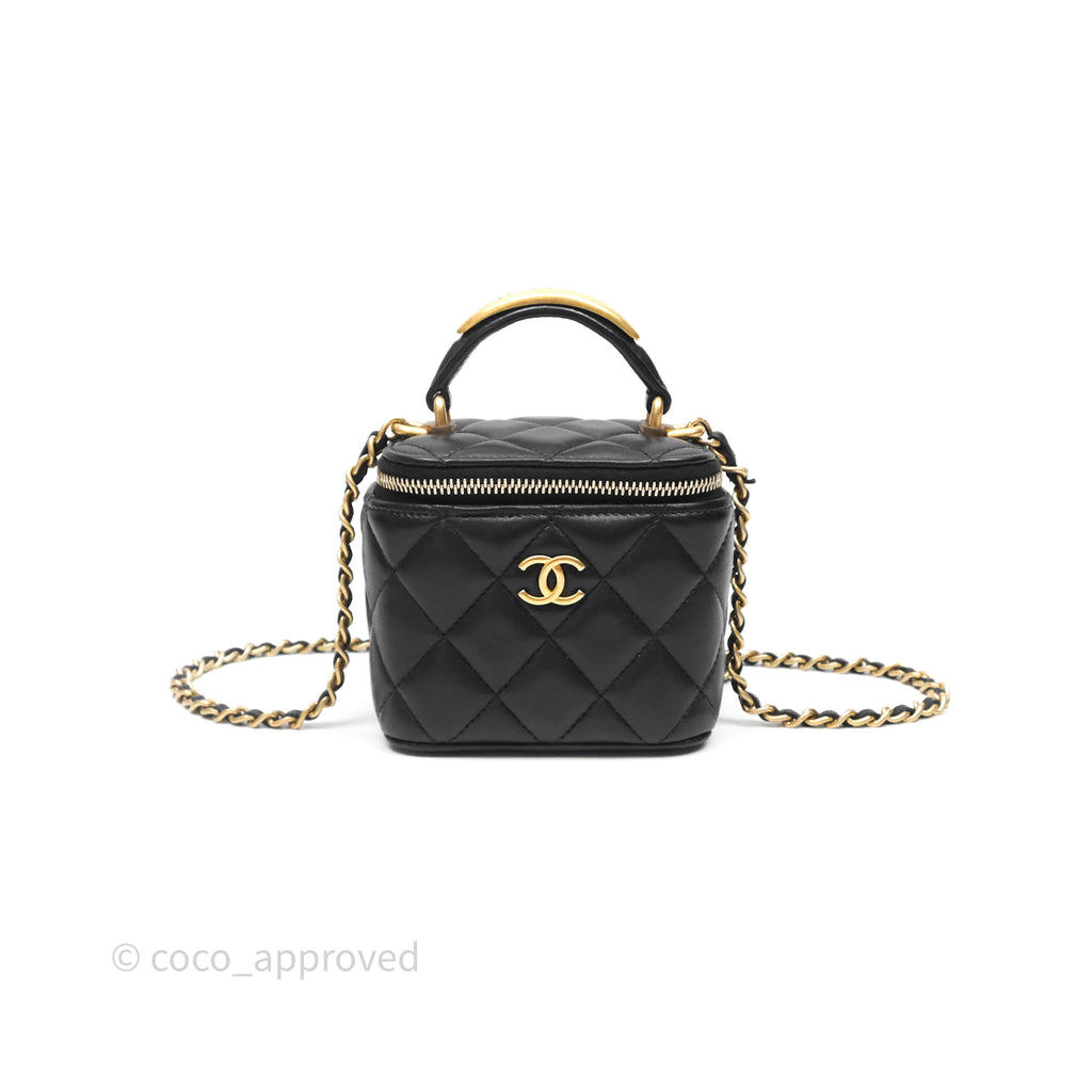 Chanel Mini Metal Top Handle Vanity With Chain Black Lambskin Aged Gold Hardware