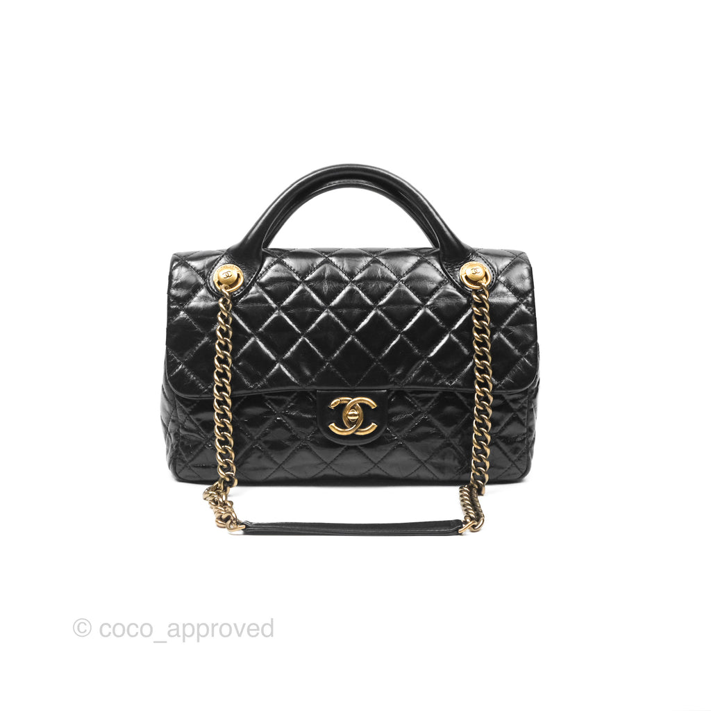 Chanel Medium Castle Rock Flap Black Glazed Calfskin Antique Gold Hardware