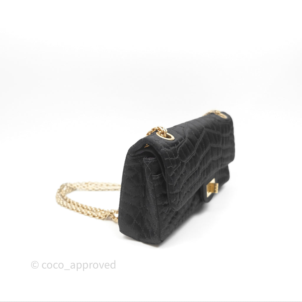 Chanel 2.55 Reissue East West Double Flap Black Satin Croc Aged Gold Hardware