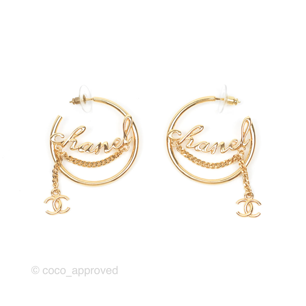 Chanel CC Logo Hoop Earrings Gold Tone 24C