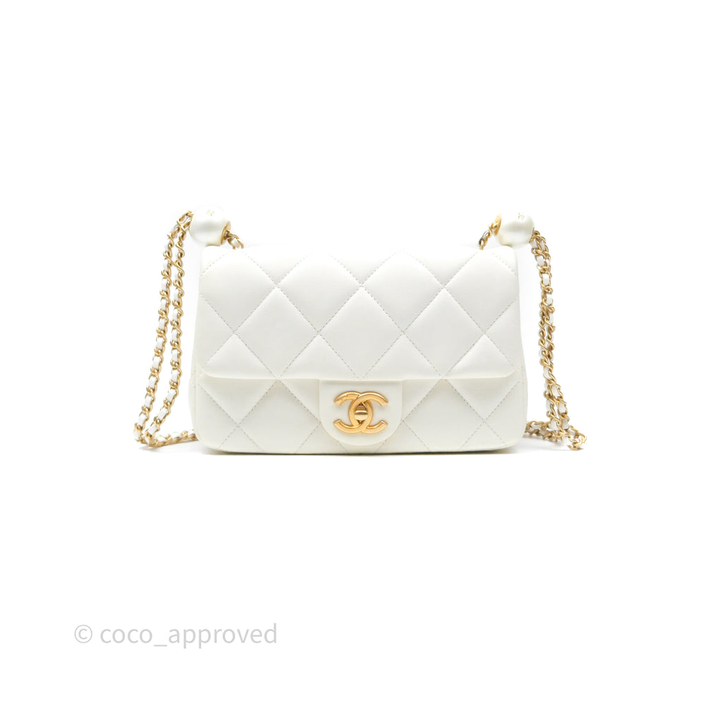 Chanel Quilted Double Pearl Adjustable Chain Flap Bag White Lambskin Aged Gold Hardware 24S