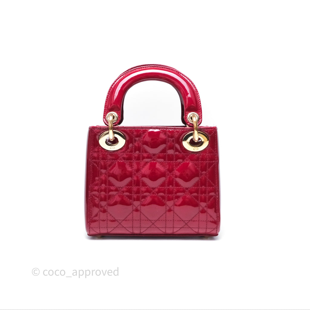 Christian Dior Mini Lady Dior Red Patent Cannage Gold Hardware