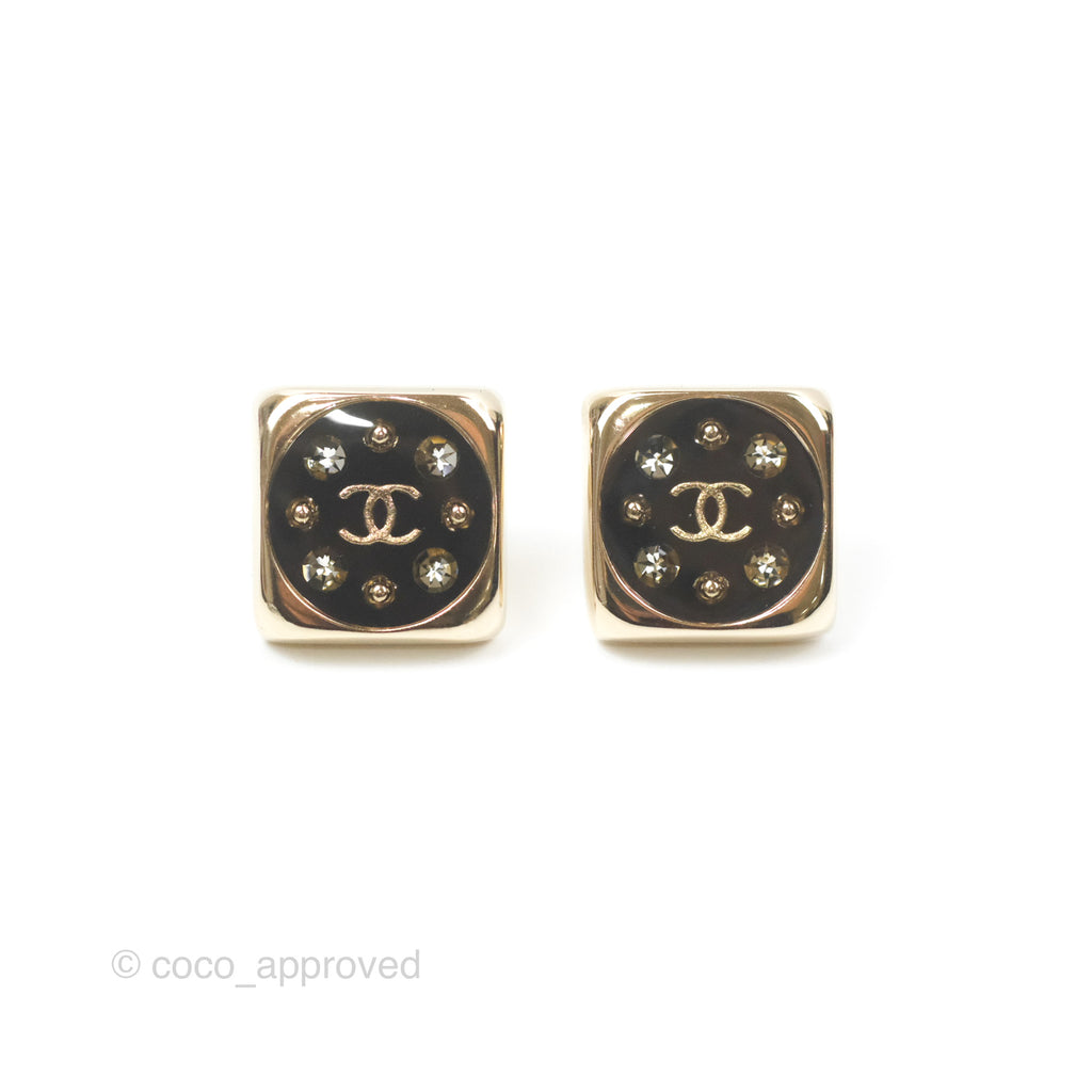 Chanel Square Black Crystal CC Earrings Gold Tone 22P