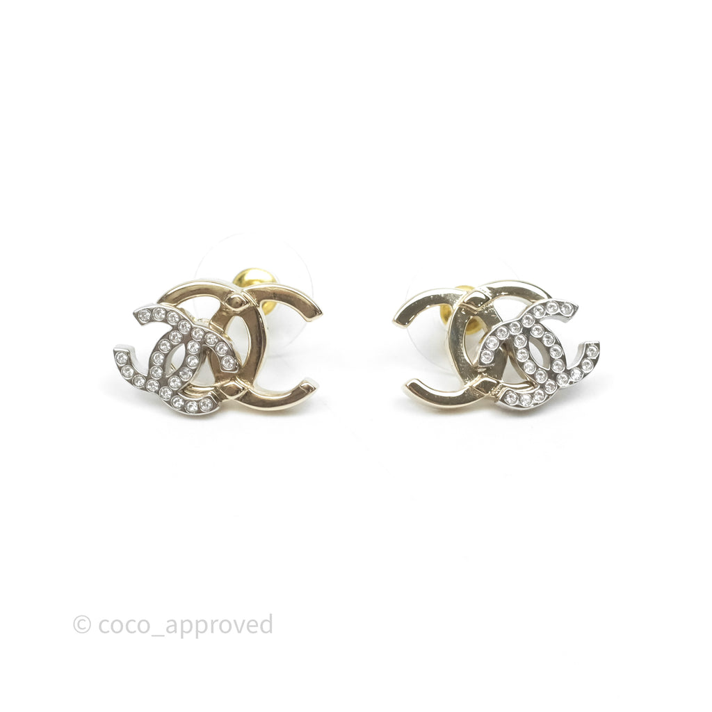 Chanel Double Crystal CC Earrings Silver & Gold Tone 21A