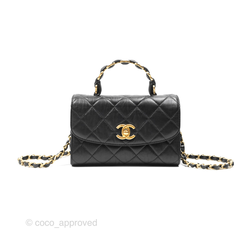 Chanel Mini Wrapped Handle Flap Bag Black Crumpled Lambskin Aged Gold Hardware 21S