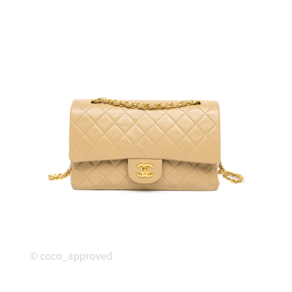 Chanel Vintage Medium Classic Flap Beige Lambskin 24K Gold Hardware