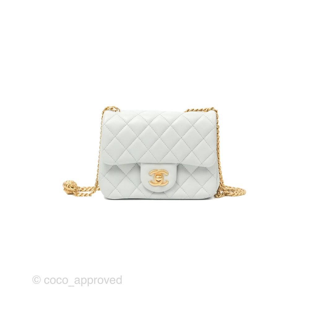 Chanel Quilted Mini Square Flap with Camellia Adjustable Chain Blue Clair Lambskin 23S