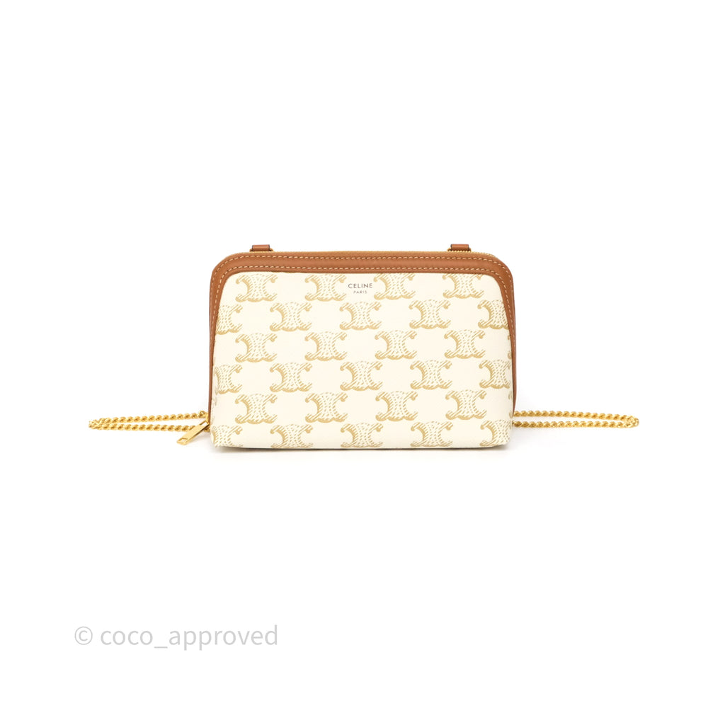 Celine Clutch With Chain Triomphe Canvas Lambskin White/Tan