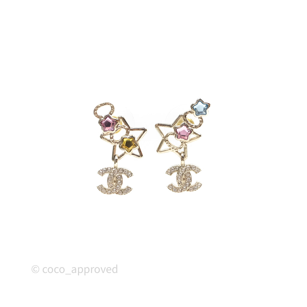 Chanel Crystal Drop CC Star Earrings Gold Tone 25P