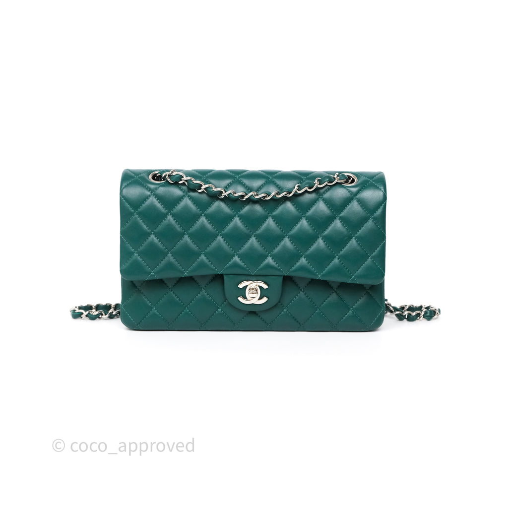 Chanel Medium Classic Flap Quilted Dark Green Lambskin Silver Hardware