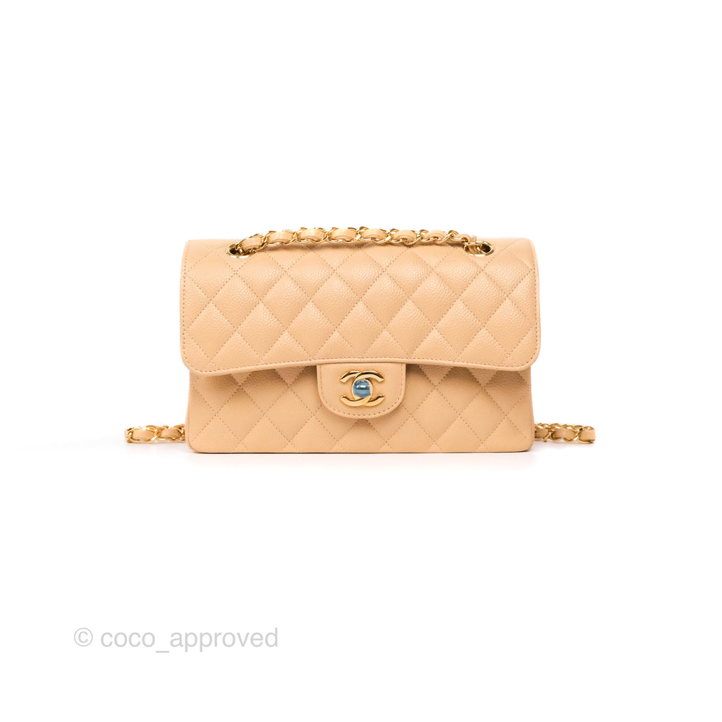 Chanel Small S/M Classic Flap Quilted Beige Caviar Gold Hardware