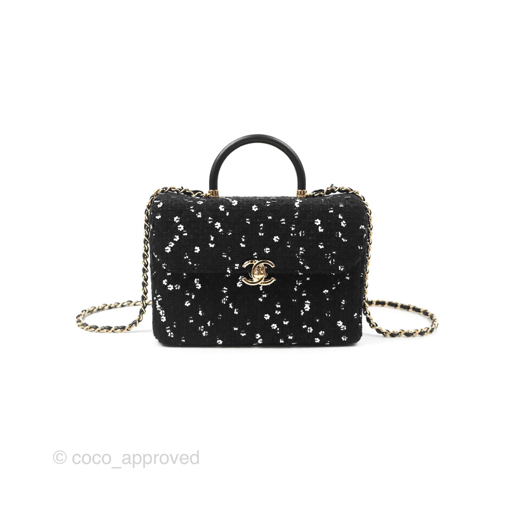Chanel Small Top Handle Box Bag Black Tweed Sequins Gold Hardware 23K