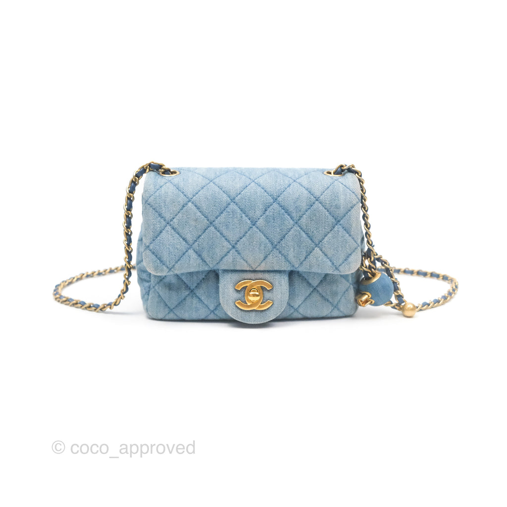 Chanel Mini Square Pearl Crush Quilted Denim Aged Gold Hardware