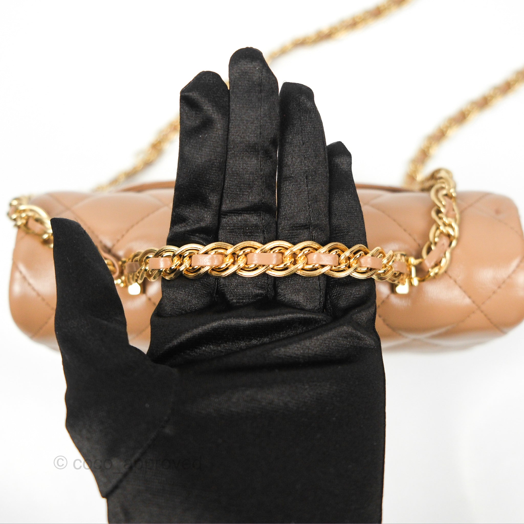 Chanel Top Handle Flap Bag Beige Shiny Lambskin Gold Hardware 23A