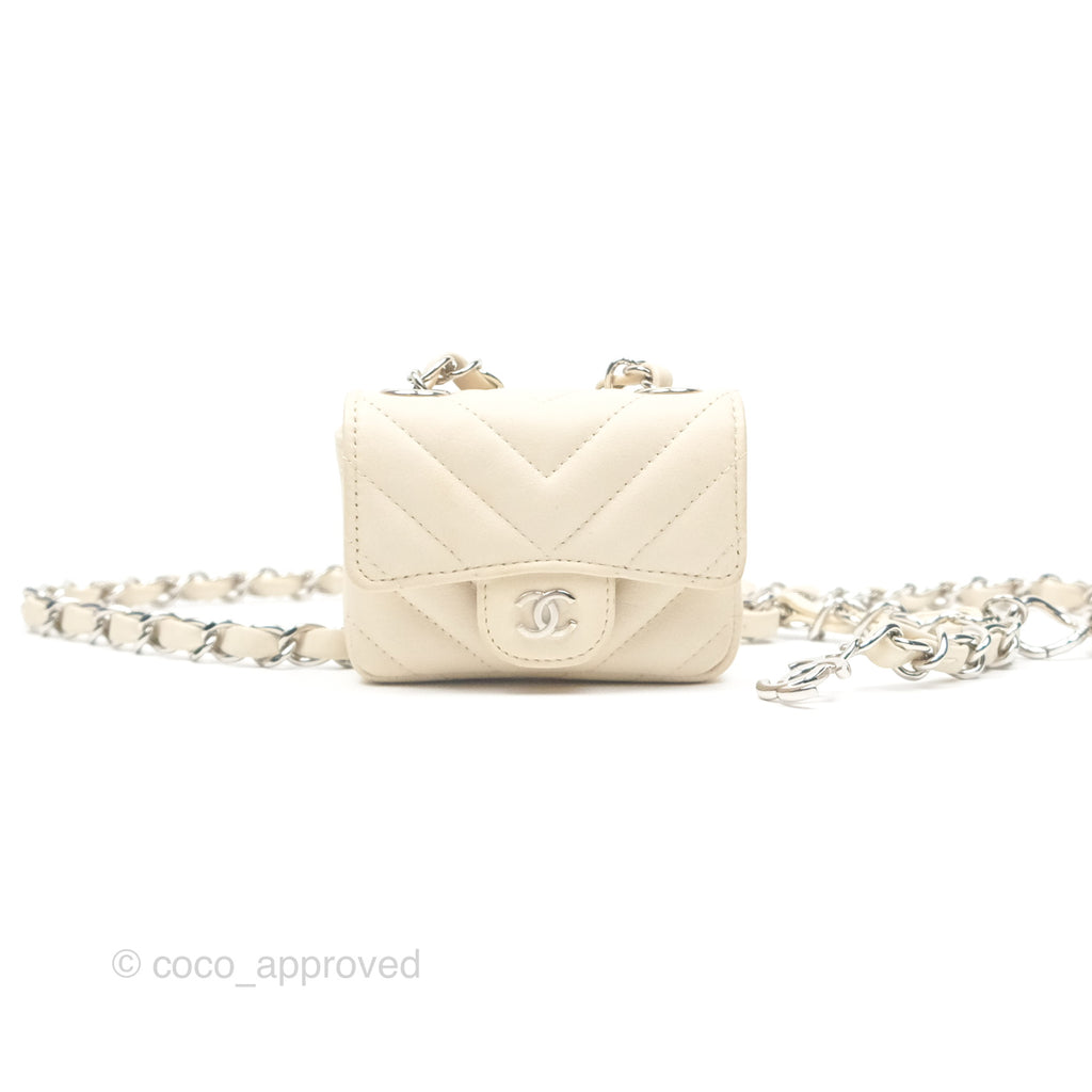 Chanel Mini Card Holder Chain Belt Bag Chevron Ivory Calfskin Silver Hardware