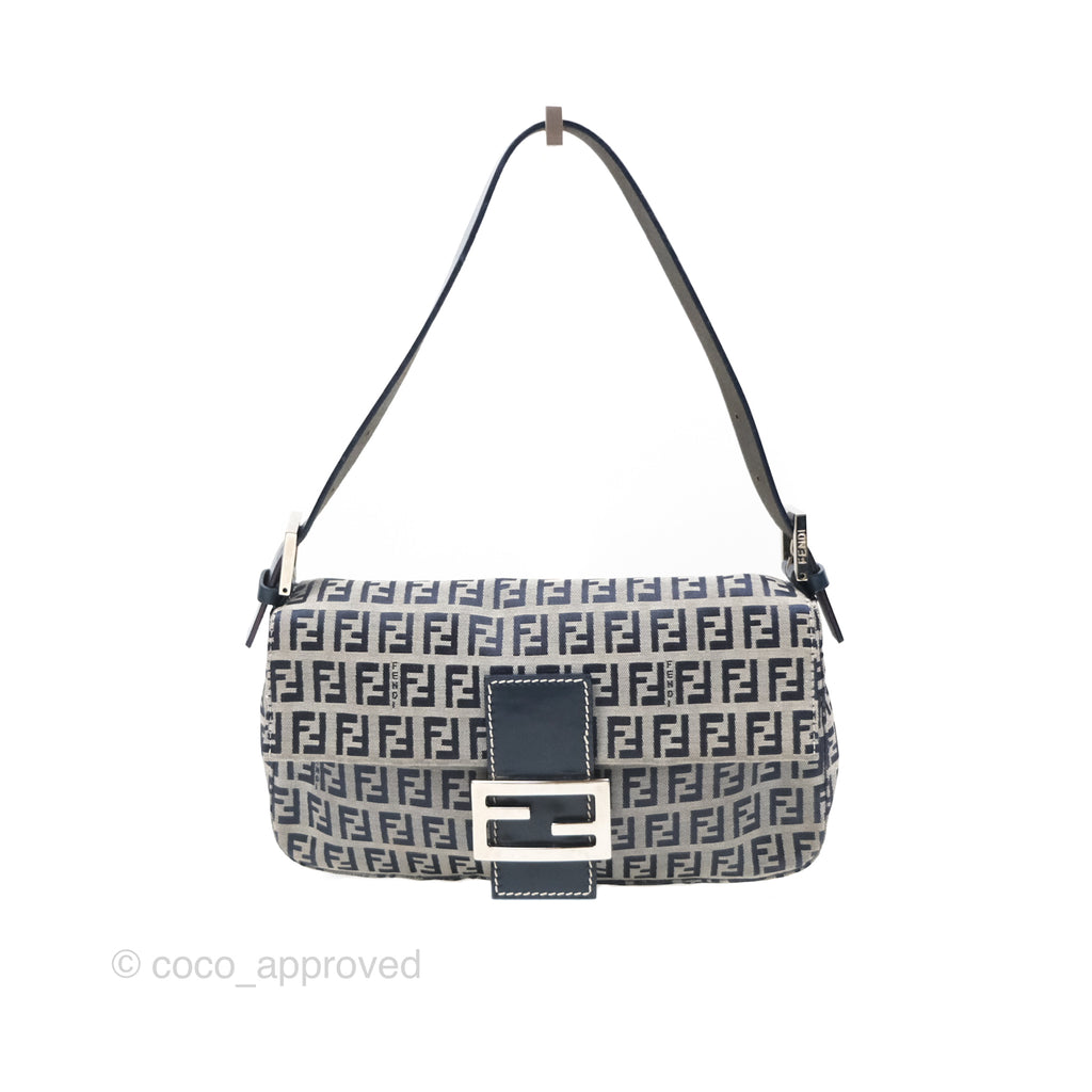 Fendi Vintage Baguette Shoulder Bag Grey/ Navy Canvas