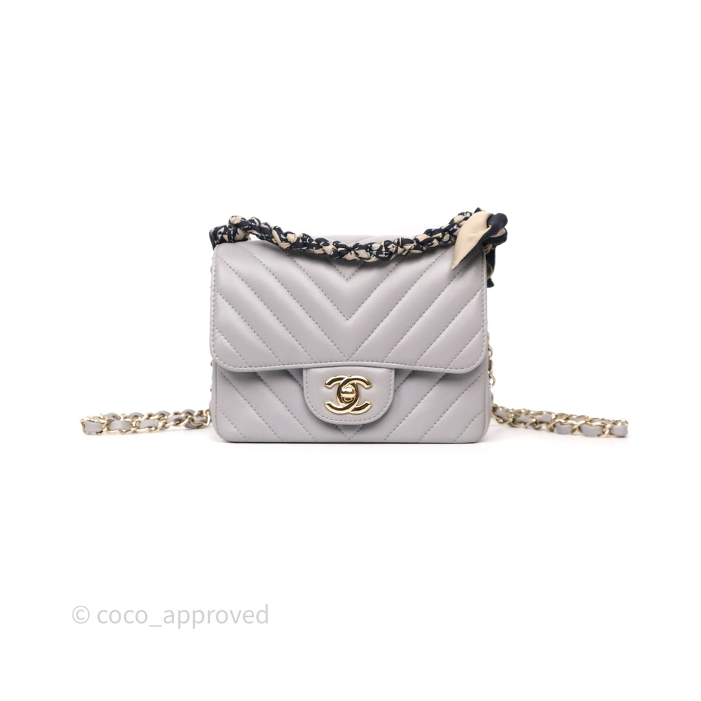 Chanel Mini Square Flap Chevron Grey Lambskin Gold Hardware