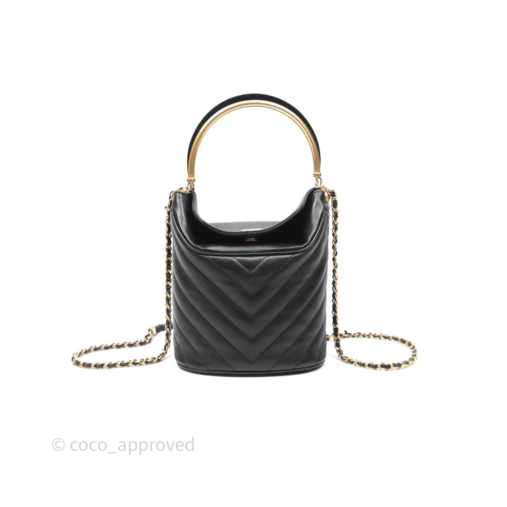 Chanel Chevron Chic Bucket Bag with Handle Black Lambskin Aged Gold Hardware