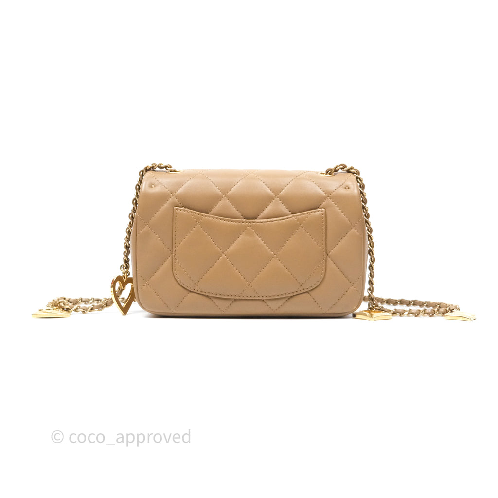 Chanel Mini Flap Bag With Heart CC Charm Dark Beige Lambskin Aged Gold Hardware