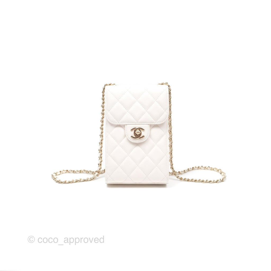 Chanel Classic Quilted Phone Holder White Caviar Gold Hardware