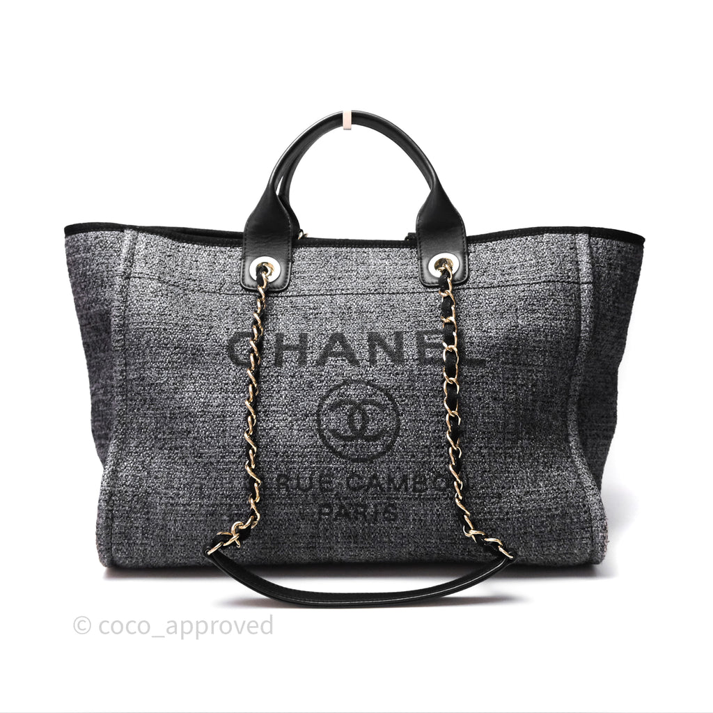 Chanel Large Deauville Glitter Black Grey Raffia Gold Hardware